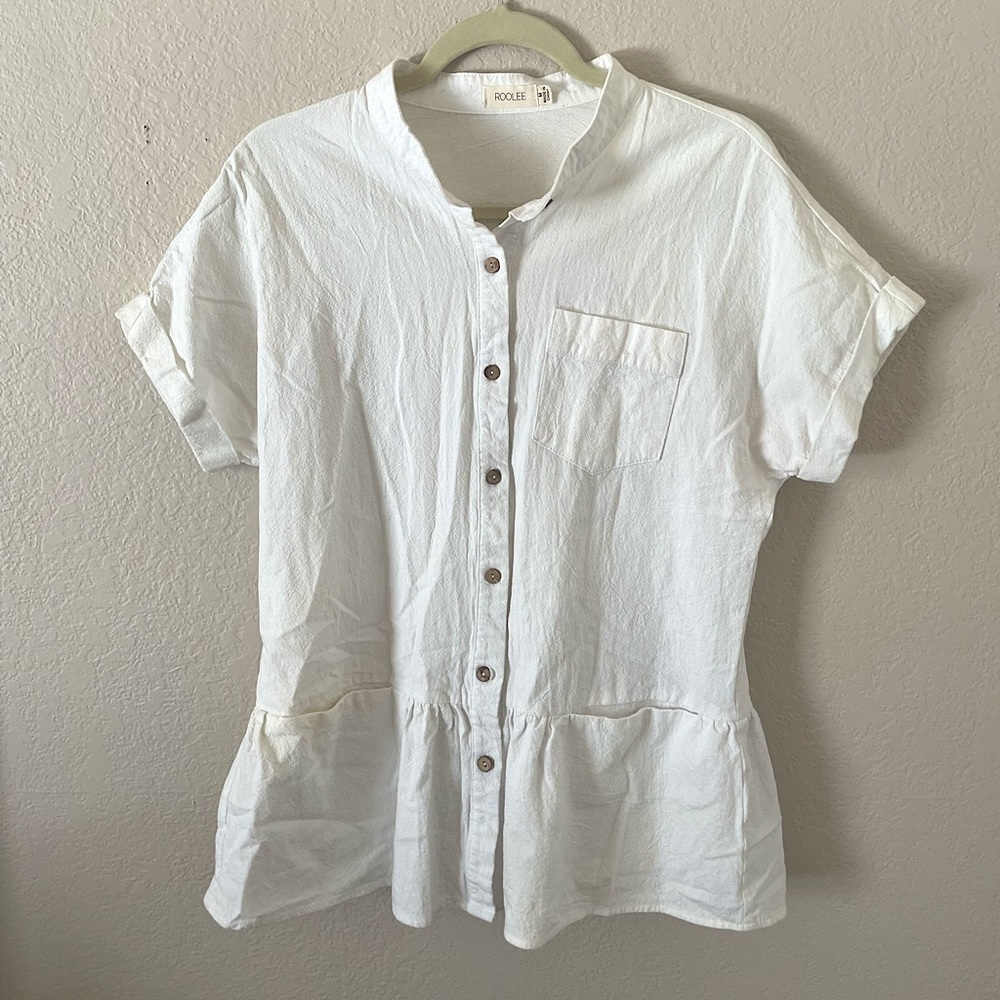 Roolee White Peplum Button Down Top
